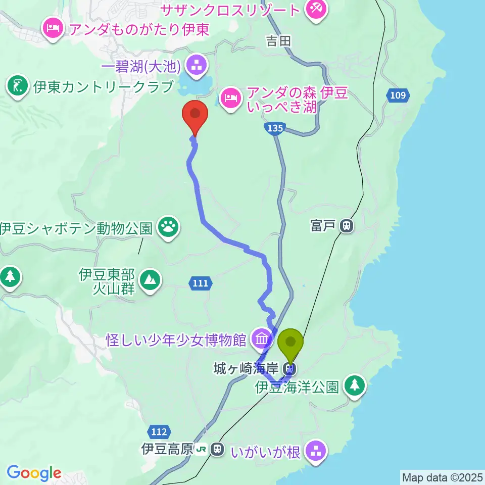 城ヶ崎海岸駅から池田20世紀美術館へのルートマップ地図