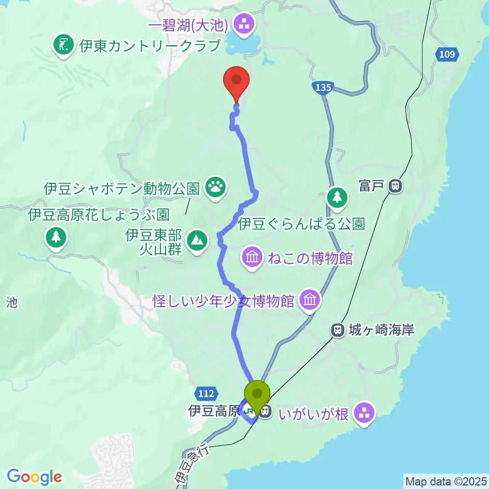 伊豆高原駅から池田20世紀美術館 へのルートマップ地図