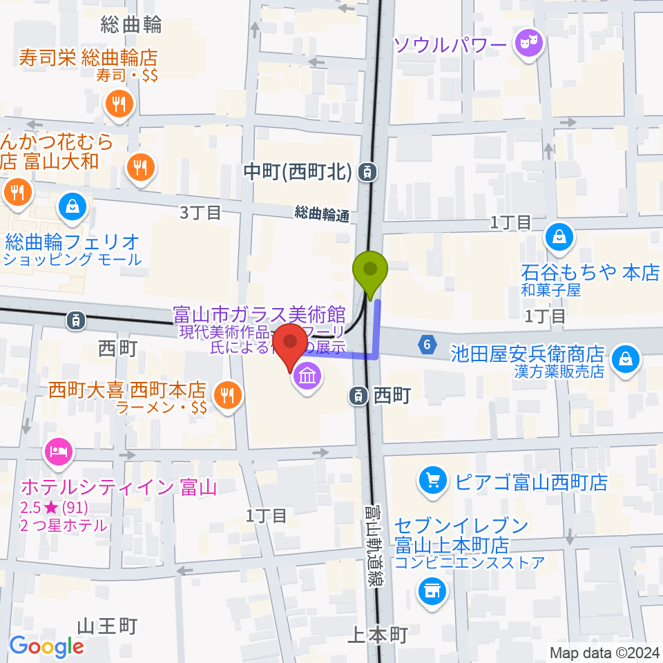 富山市ガラス美術館の最寄駅西町駅からの徒歩ルート（約1分）地図