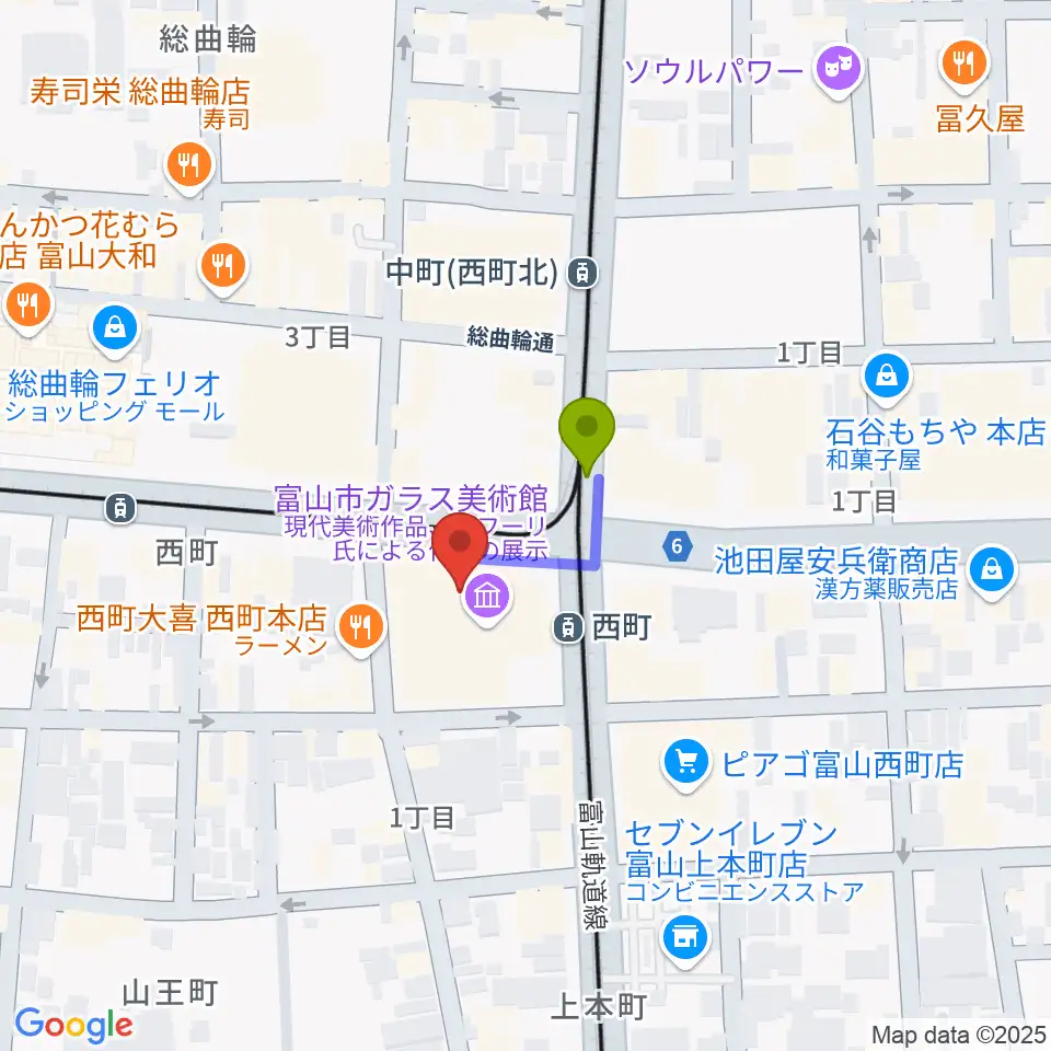富山市ガラス美術館の最寄駅西町駅からの徒歩ルート（約1分）地図