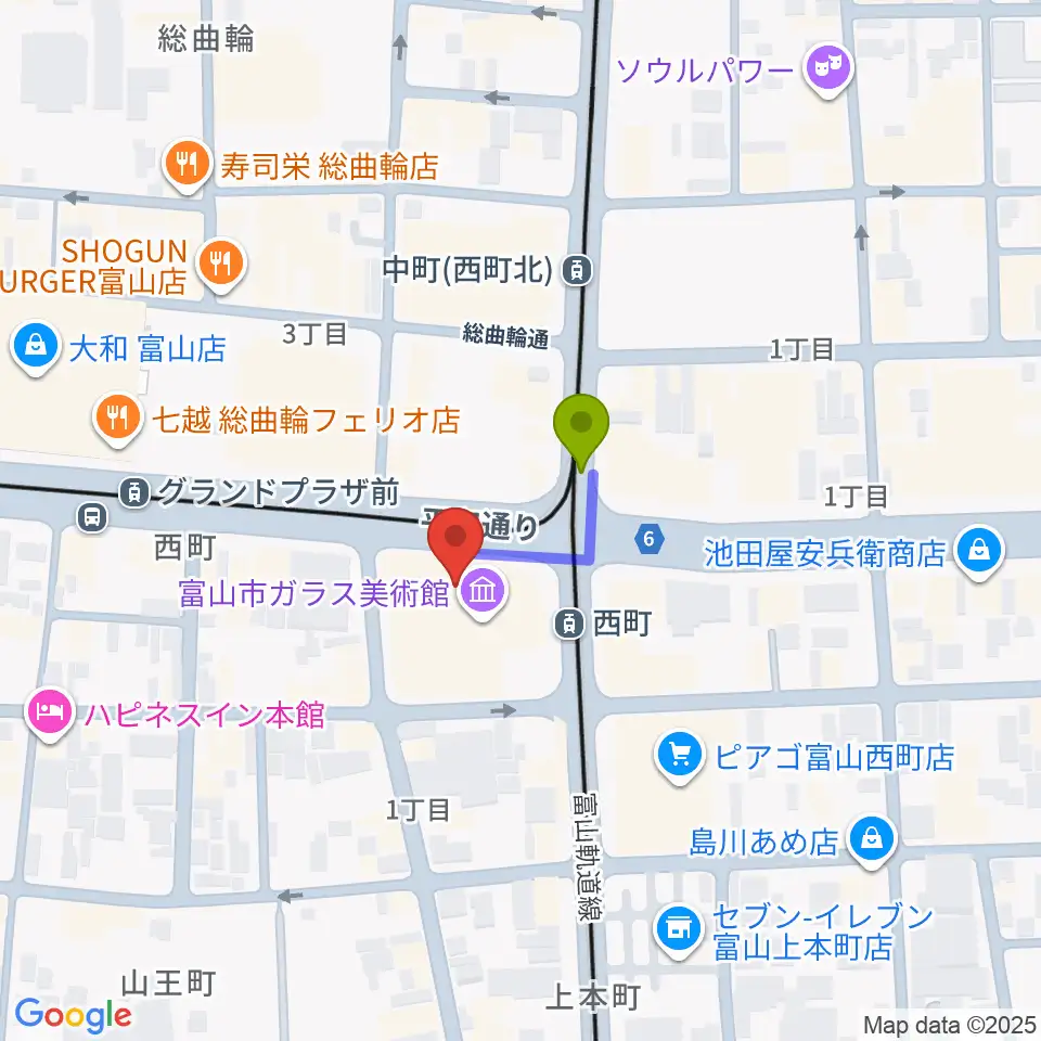 富山市ガラス美術館の最寄駅西町駅からの徒歩ルート（約1分）地図
