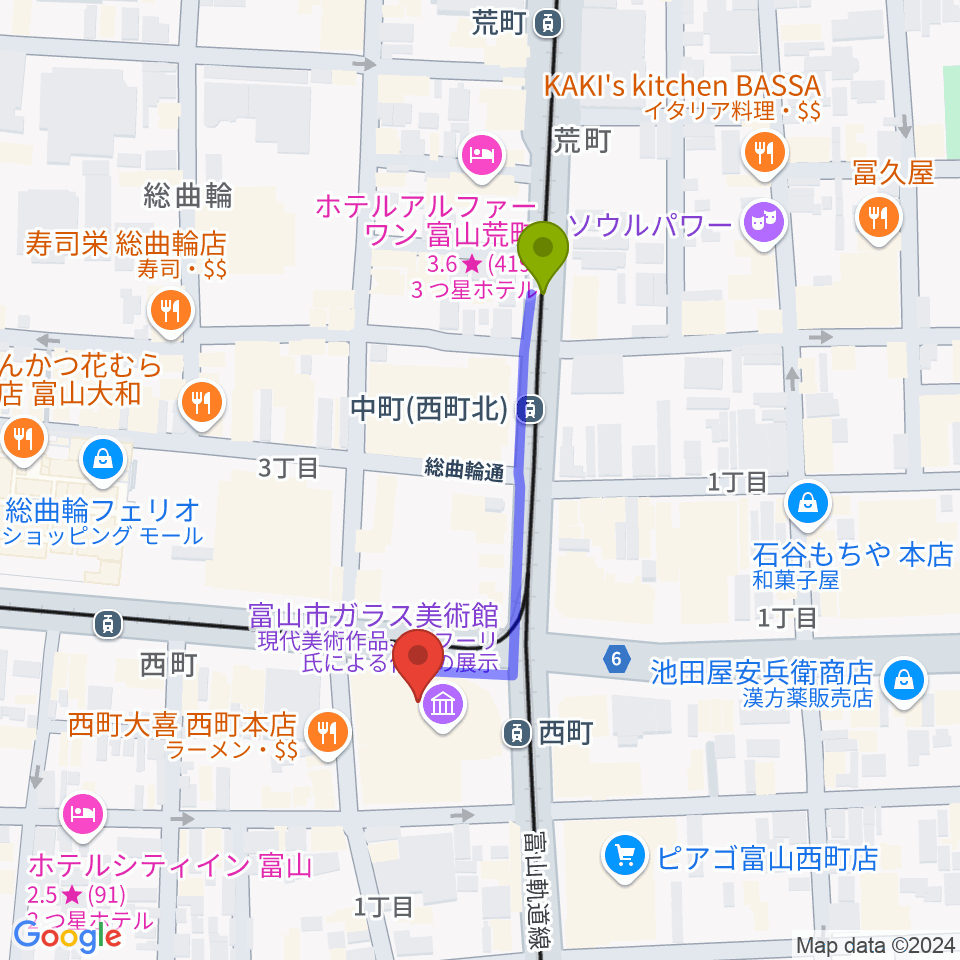 中町（西町北）駅から富山市ガラス美術館へのルートマップ地図