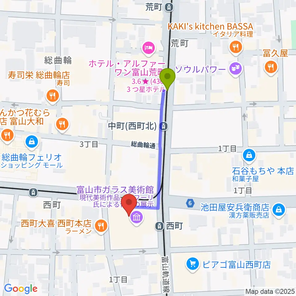 中町（西町北）駅から富山市ガラス美術館へのルートマップ地図