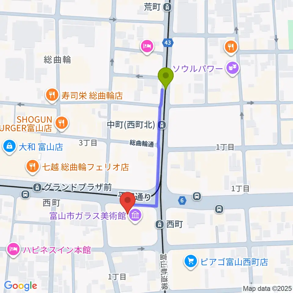 中町（西町北）駅から富山市ガラス美術館へのルートマップ地図