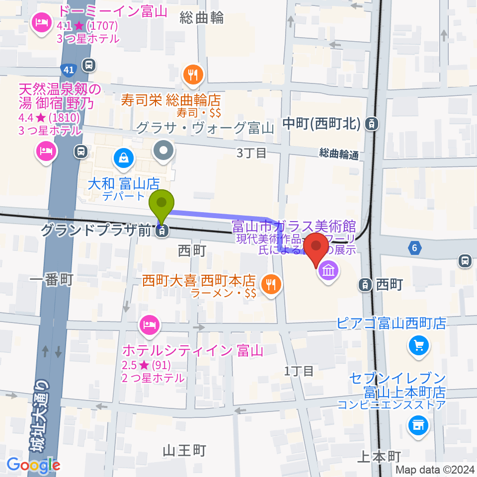 グランドプラザ前駅から富山市ガラス美術館へのルートマップ地図