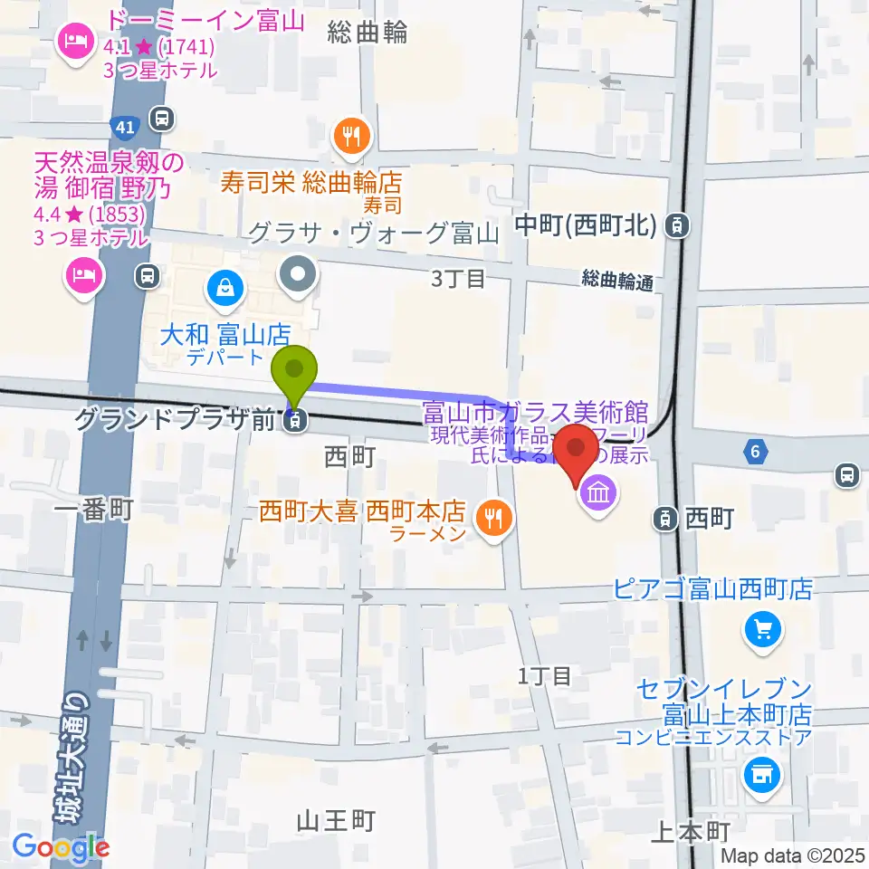 グランドプラザ前駅から富山市ガラス美術館へのルートマップ地図
