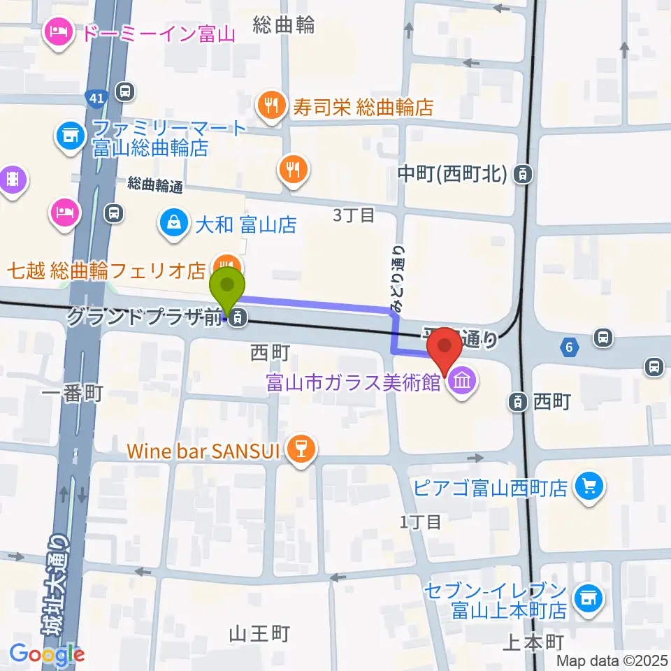 グランドプラザ前駅から富山市ガラス美術館へのルートマップ地図