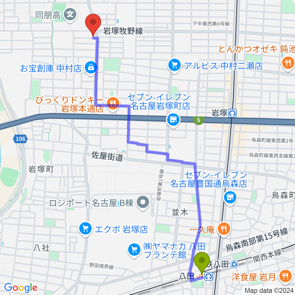 八田駅から大一美術館へのルートマップ地図