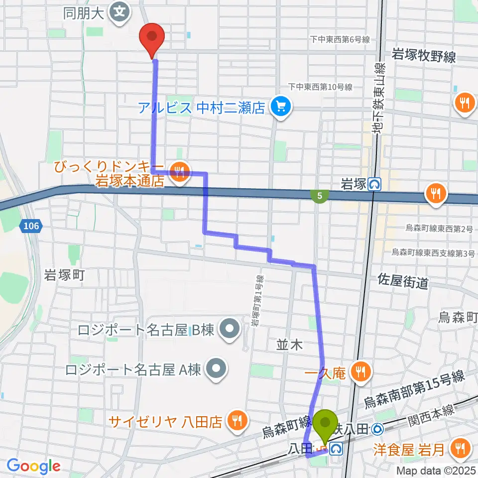 八田駅から大一美術館へのルートマップ地図