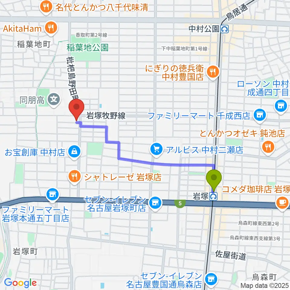 大一美術館の最寄駅岩塚駅からの徒歩ルート（約17分）地図