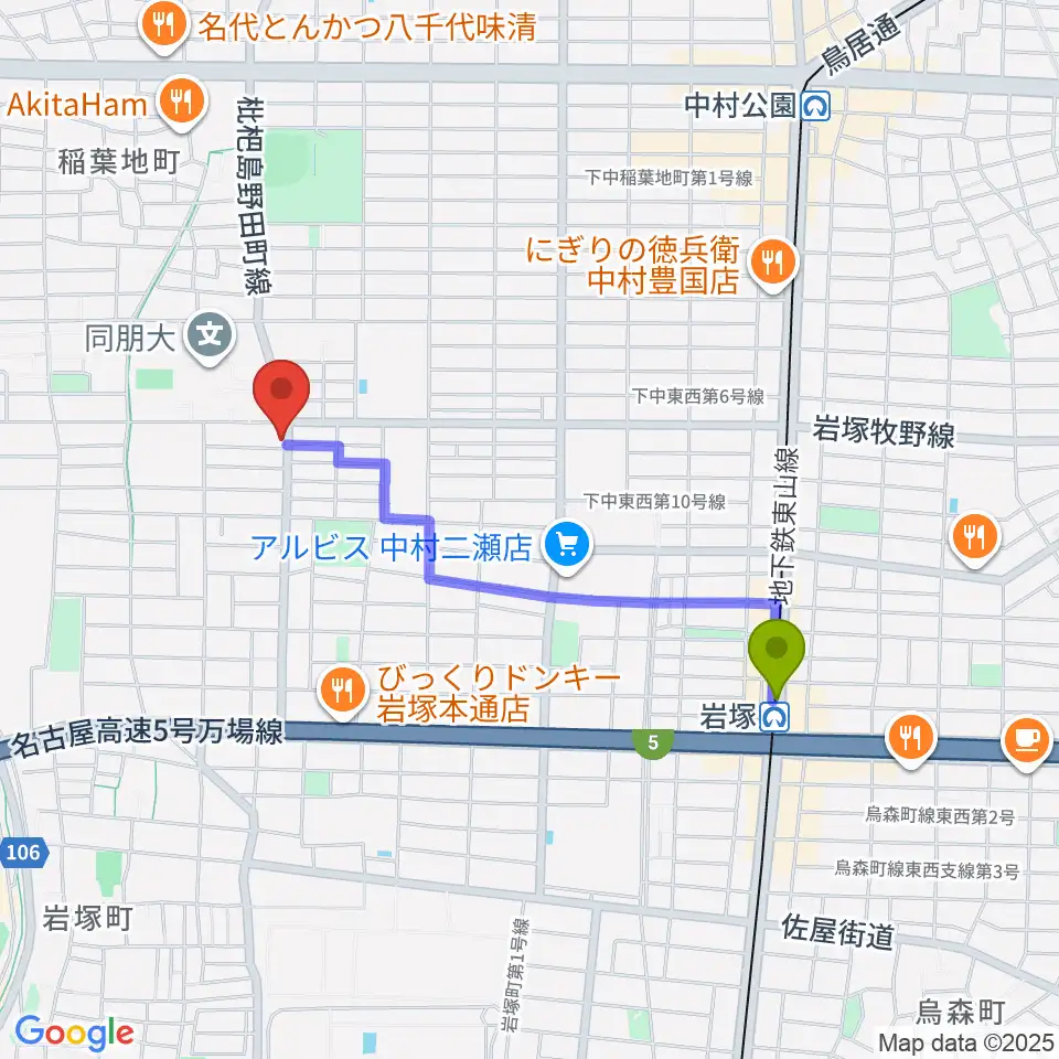 大一美術館の最寄駅岩塚駅からの徒歩ルート（約16分）地図