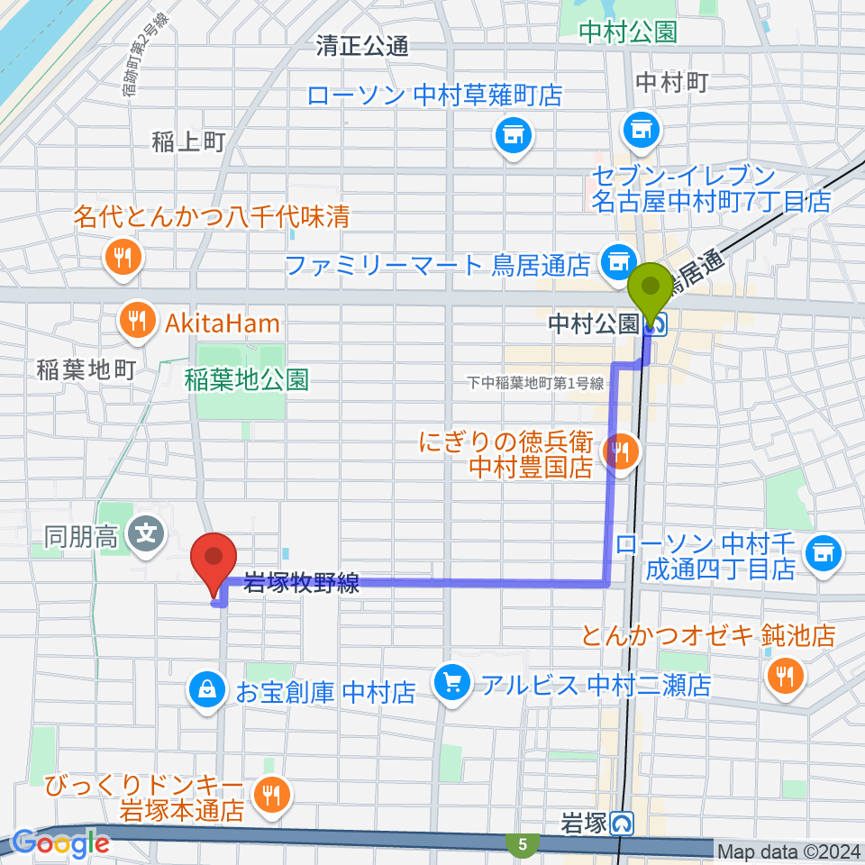 中村公園駅から大一美術館へのルートマップ地図