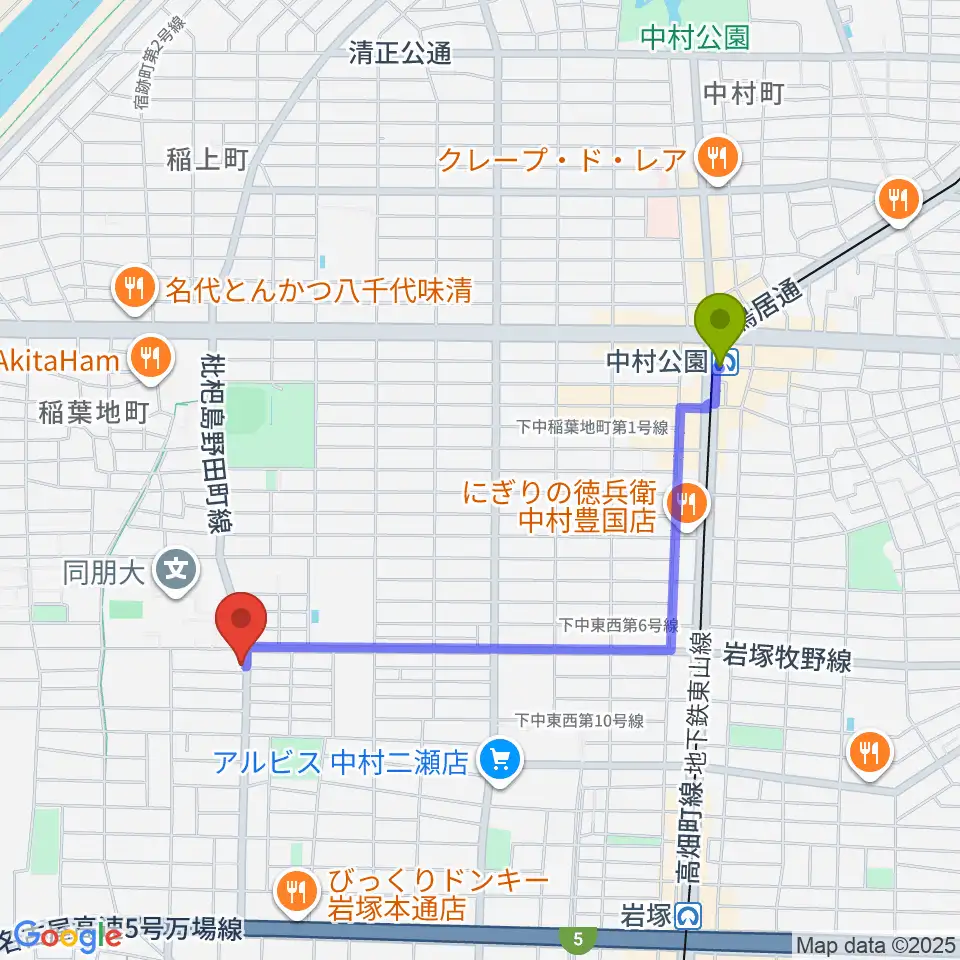 中村公園駅から大一美術館へのルートマップ地図
