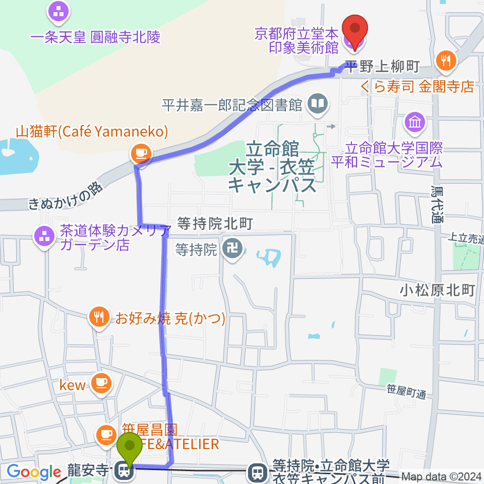 龍安寺駅から堂本印象美術館へのルートマップ地図