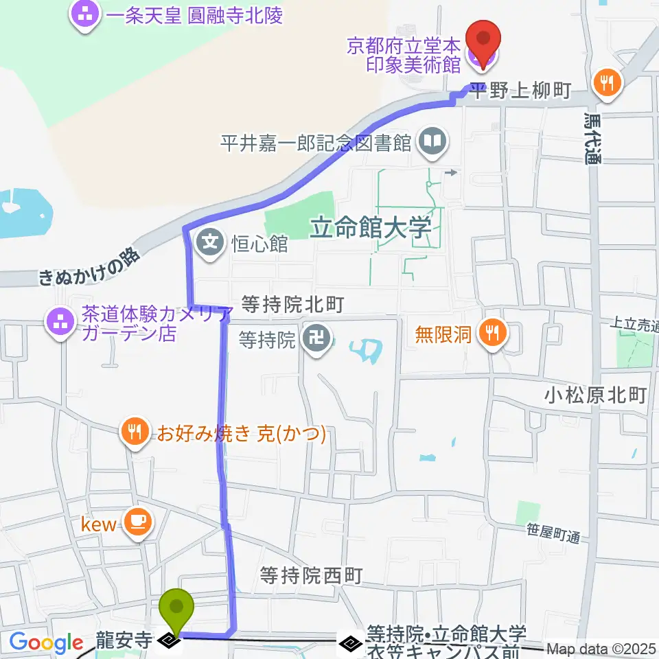 龍安寺駅から堂本印象美術館へのルートマップ地図