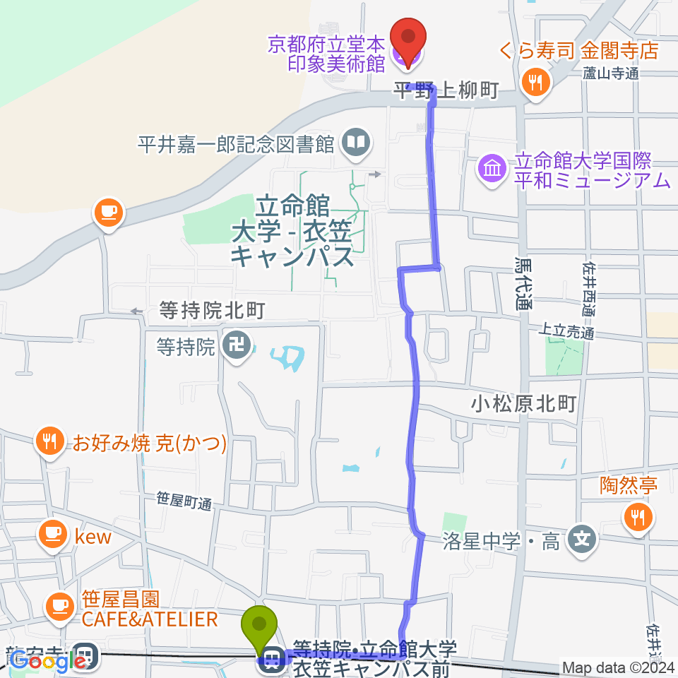 堂本印象美術館の最寄駅等持院駅からの徒歩ルート（約14分）地図