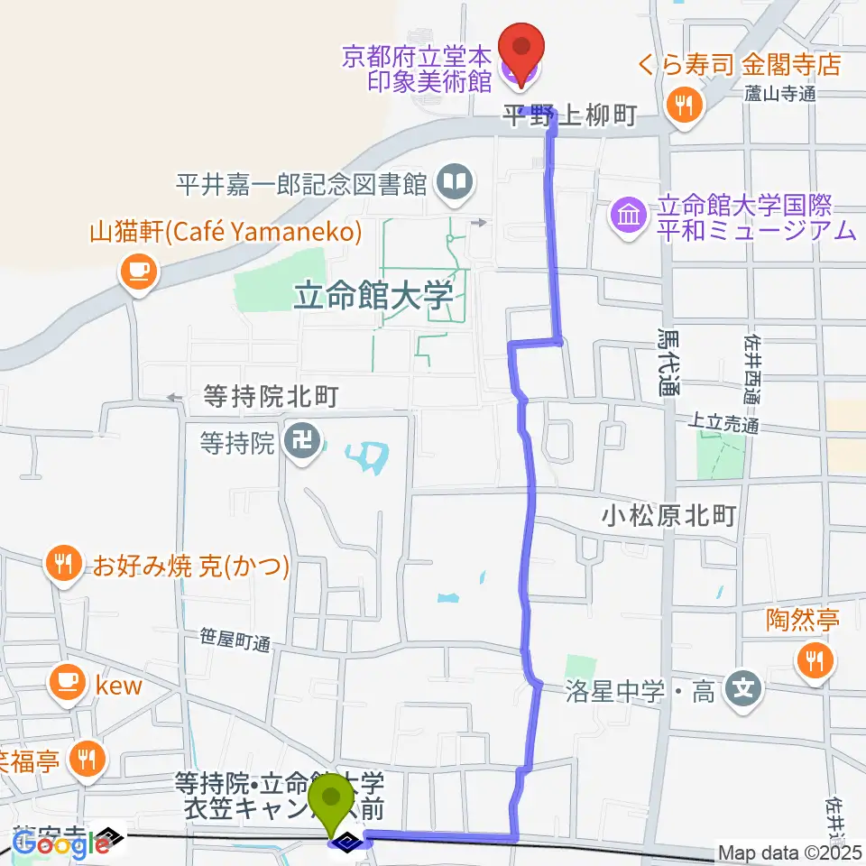 堂本印象美術館の最寄駅等持院駅からの徒歩ルート（約14分）地図