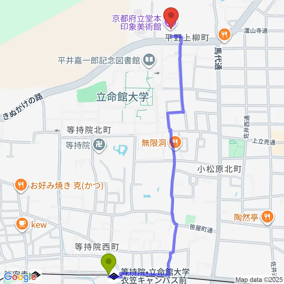 堂本印象美術館の最寄駅等持院駅からの徒歩ルート（約14分）地図