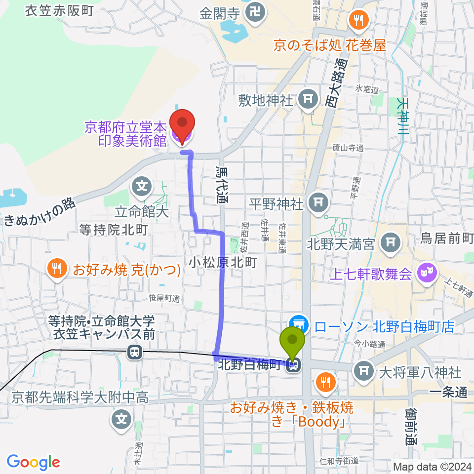 北野白梅町駅から堂本印象美術館へのルートマップ地図