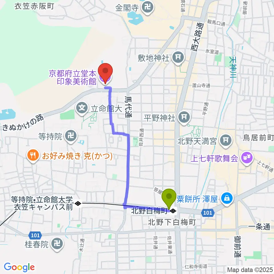 北野白梅町駅から堂本印象美術館へのルートマップ地図