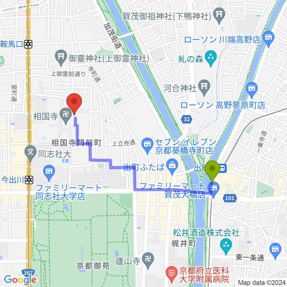 出町柳駅から承天閣美術館へのルートマップ地図
