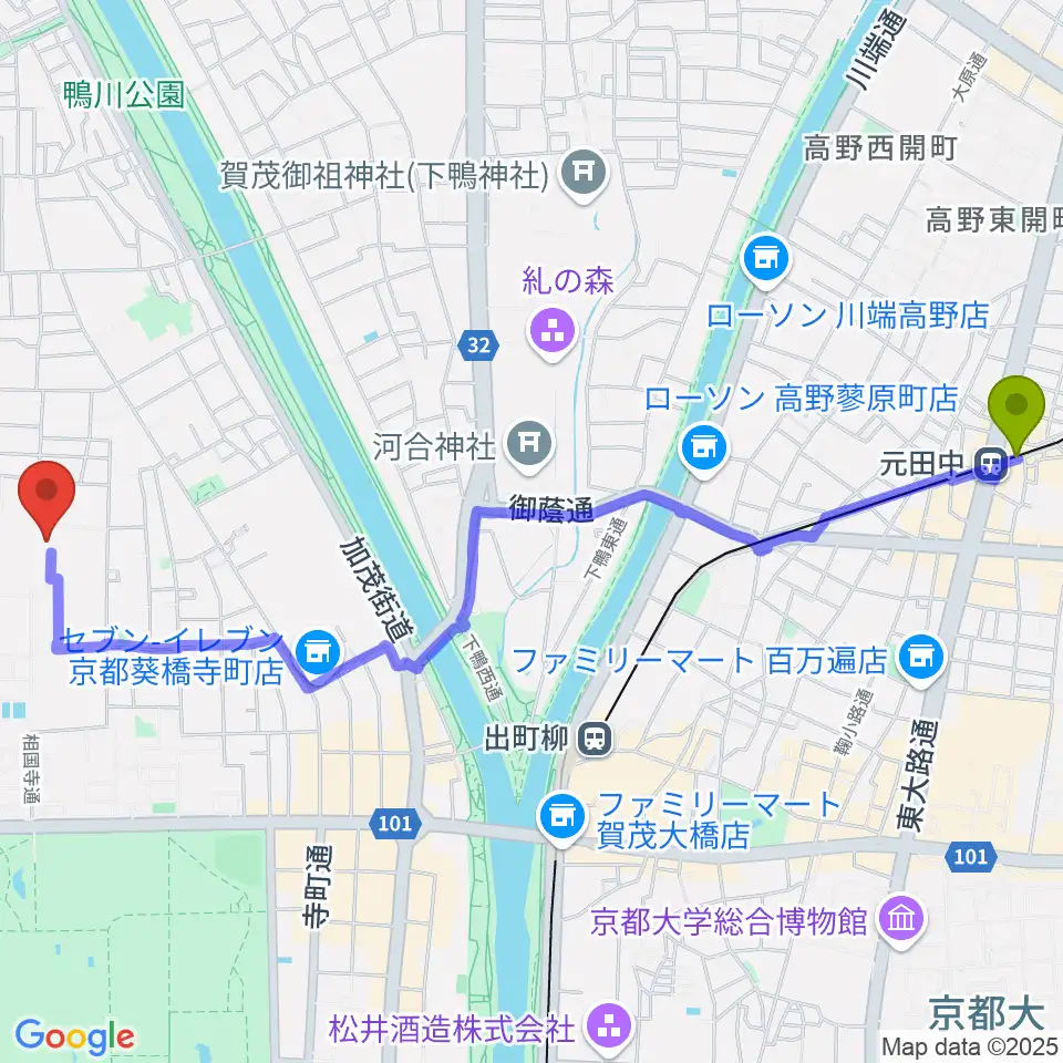 元田中駅から承天閣美術館へのルートマップ地図