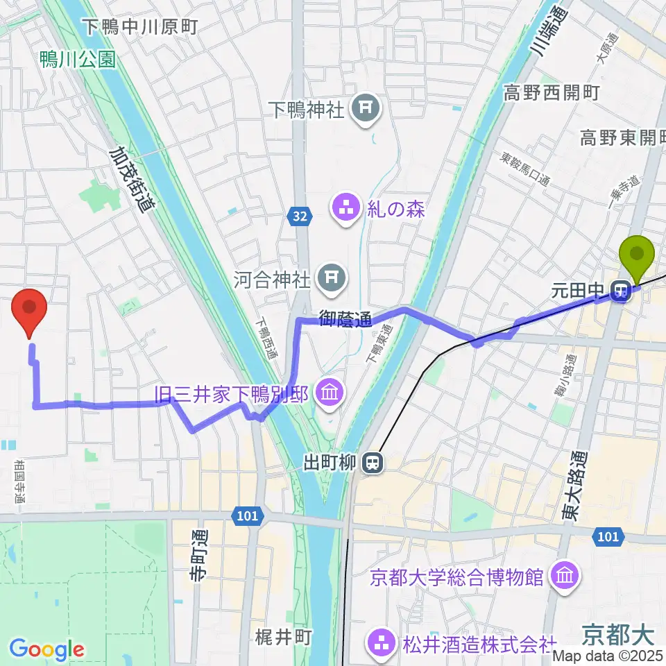 元田中駅から承天閣美術館へのルートマップ地図