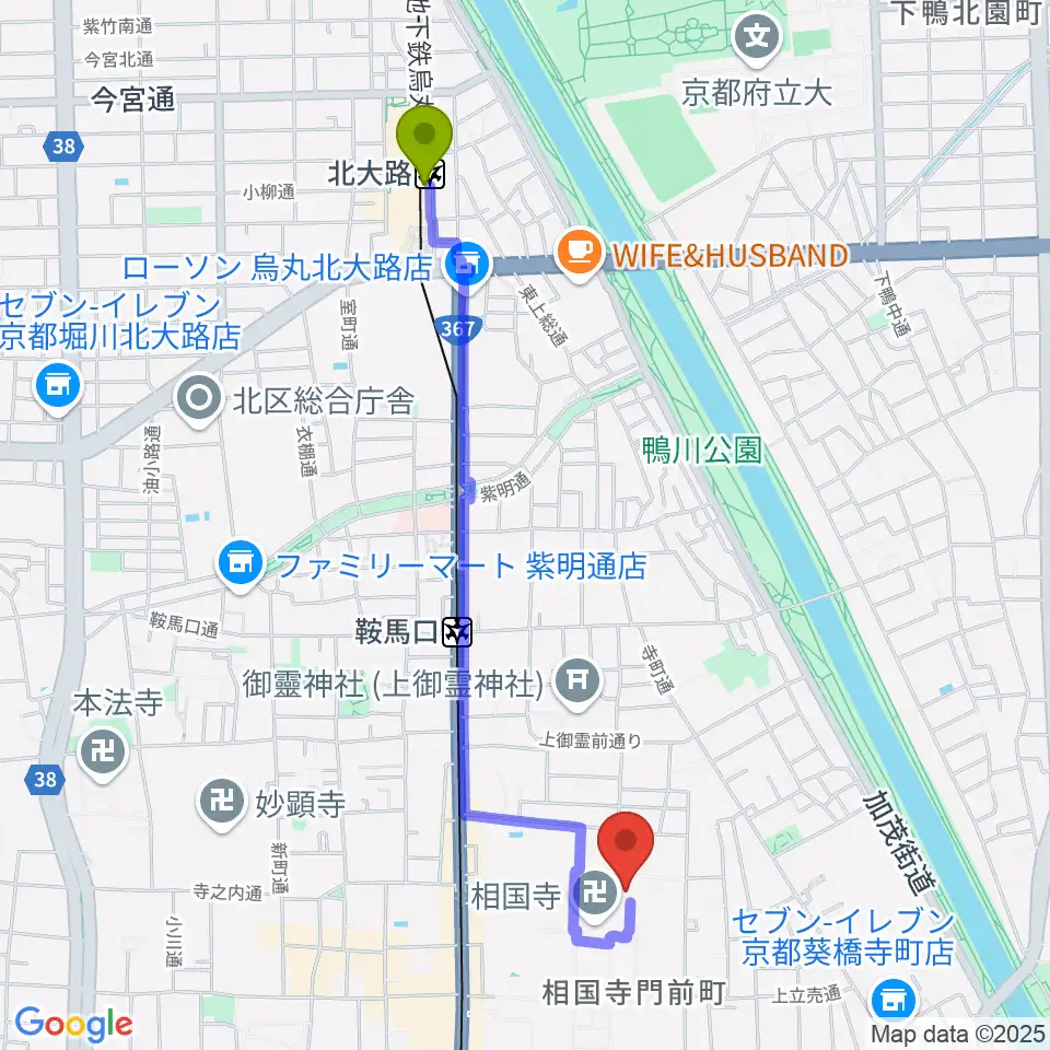 北大路駅から承天閣美術館へのルートマップ地図