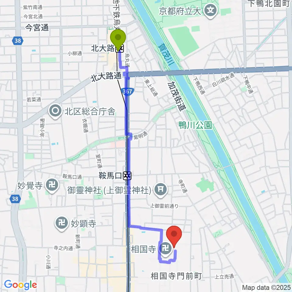 北大路駅から承天閣美術館へのルートマップ地図
