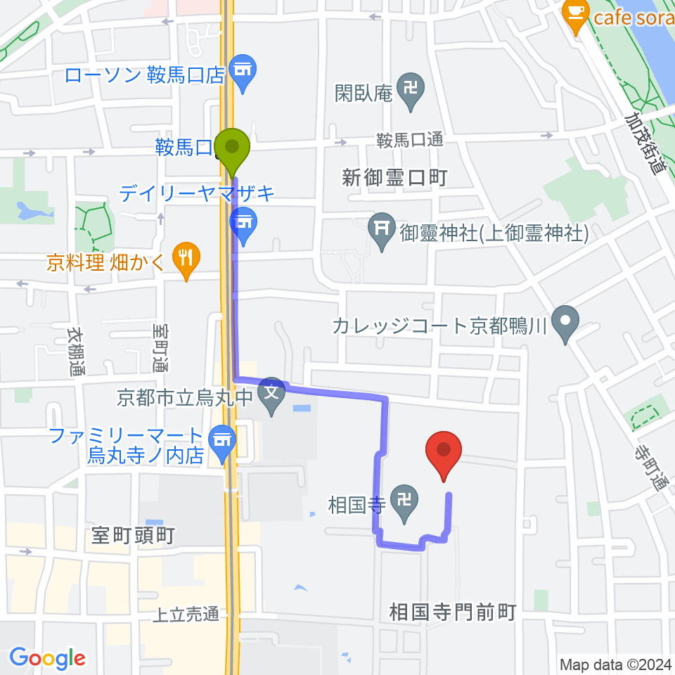 鞍馬口駅から承天閣美術館へのルートマップ地図