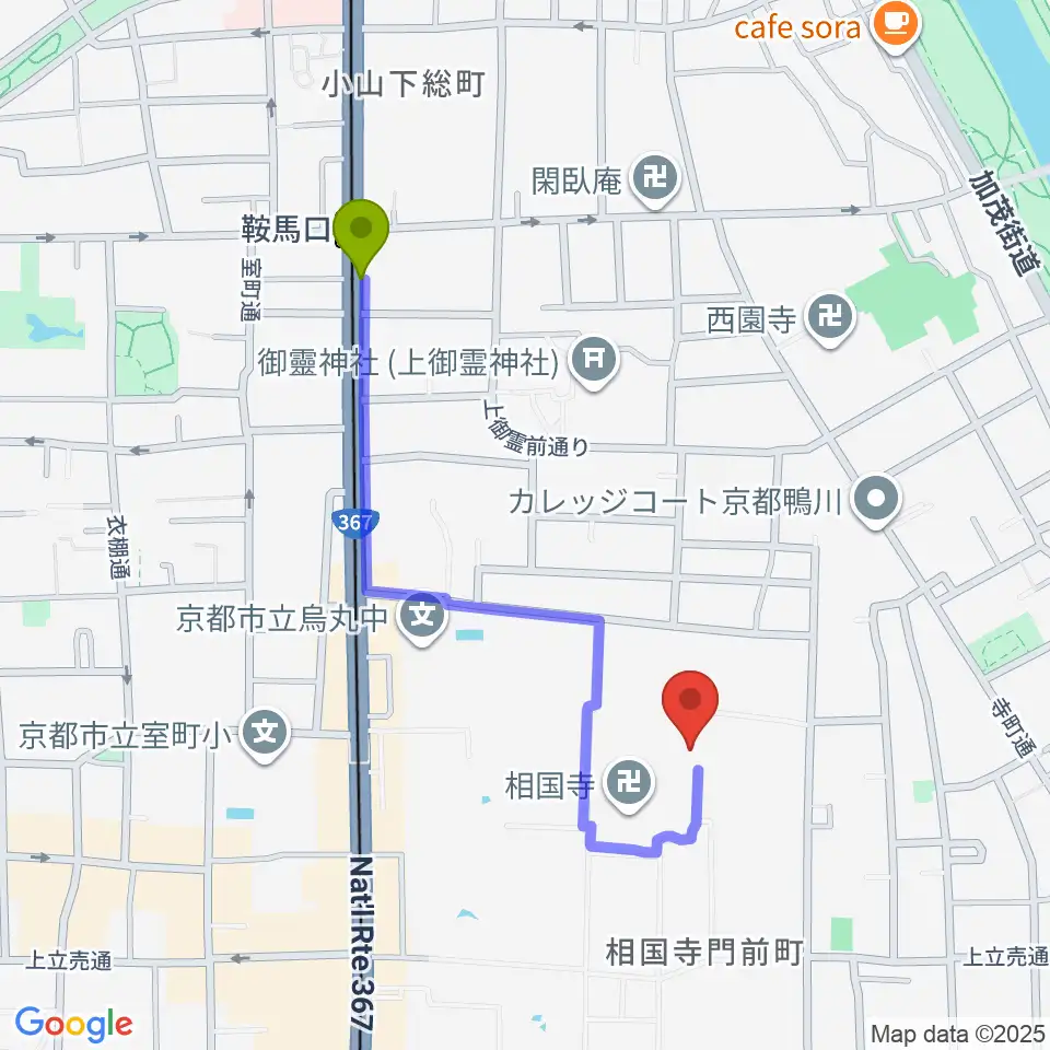 鞍馬口駅から承天閣美術館へのルートマップ地図
