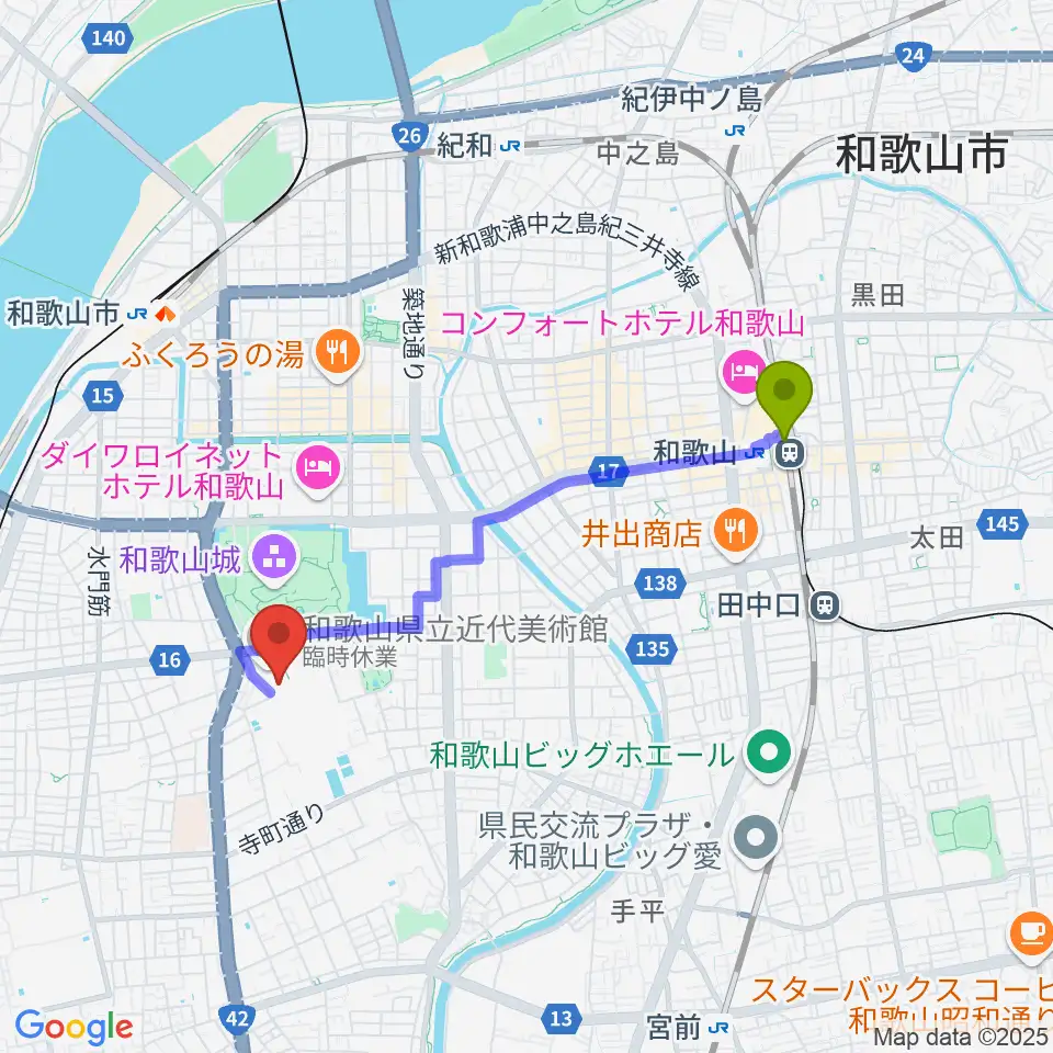 和歌山駅から和歌山県立博物館へのルートマップ地図