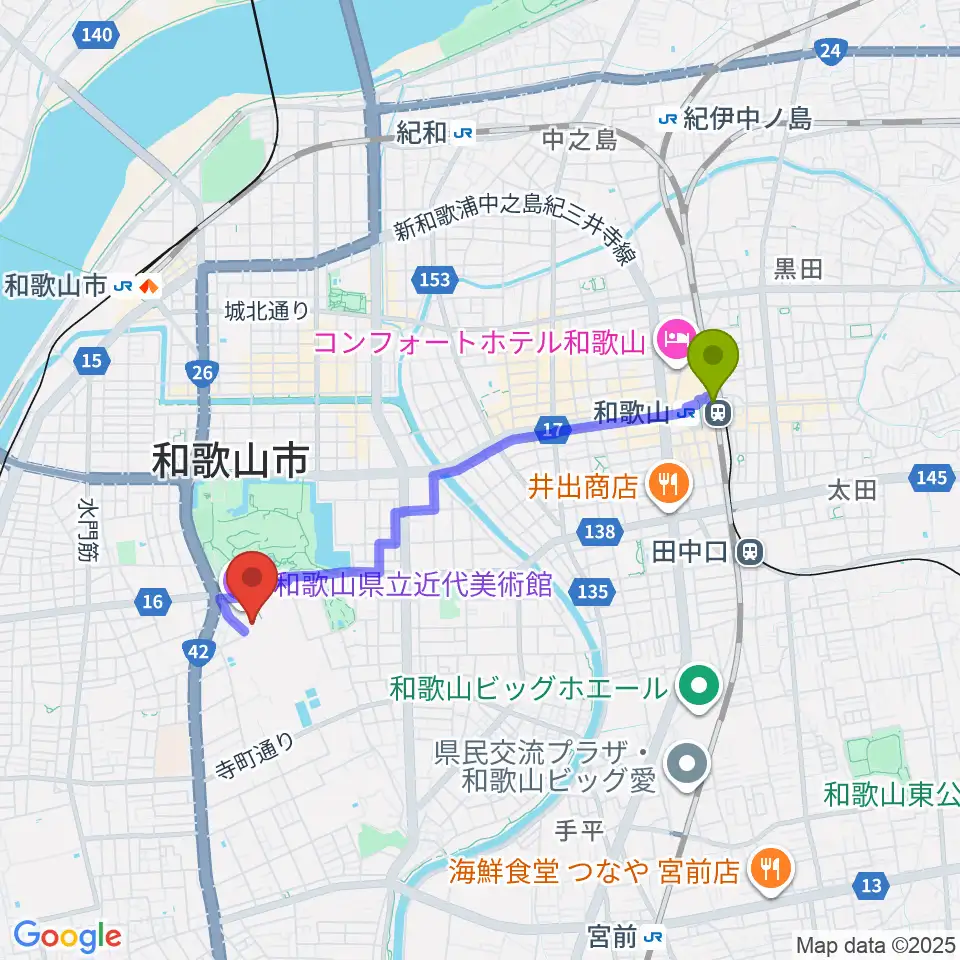 和歌山駅から和歌山県立博物館へのルートマップ地図