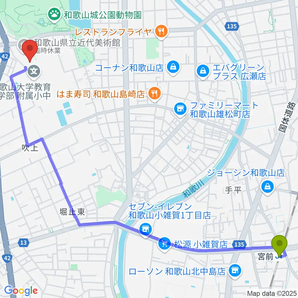 宮前駅から和歌山県立博物館へのルートマップ地図
