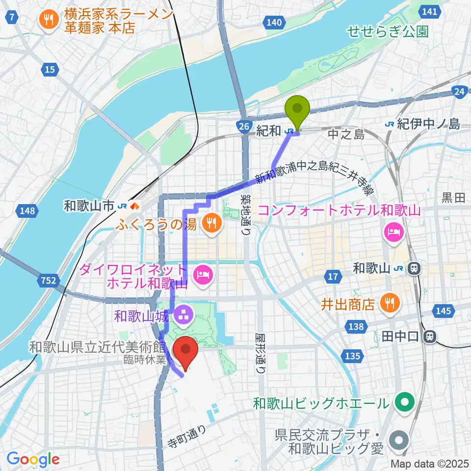 紀和駅から和歌山県立博物館へのルートマップ地図
