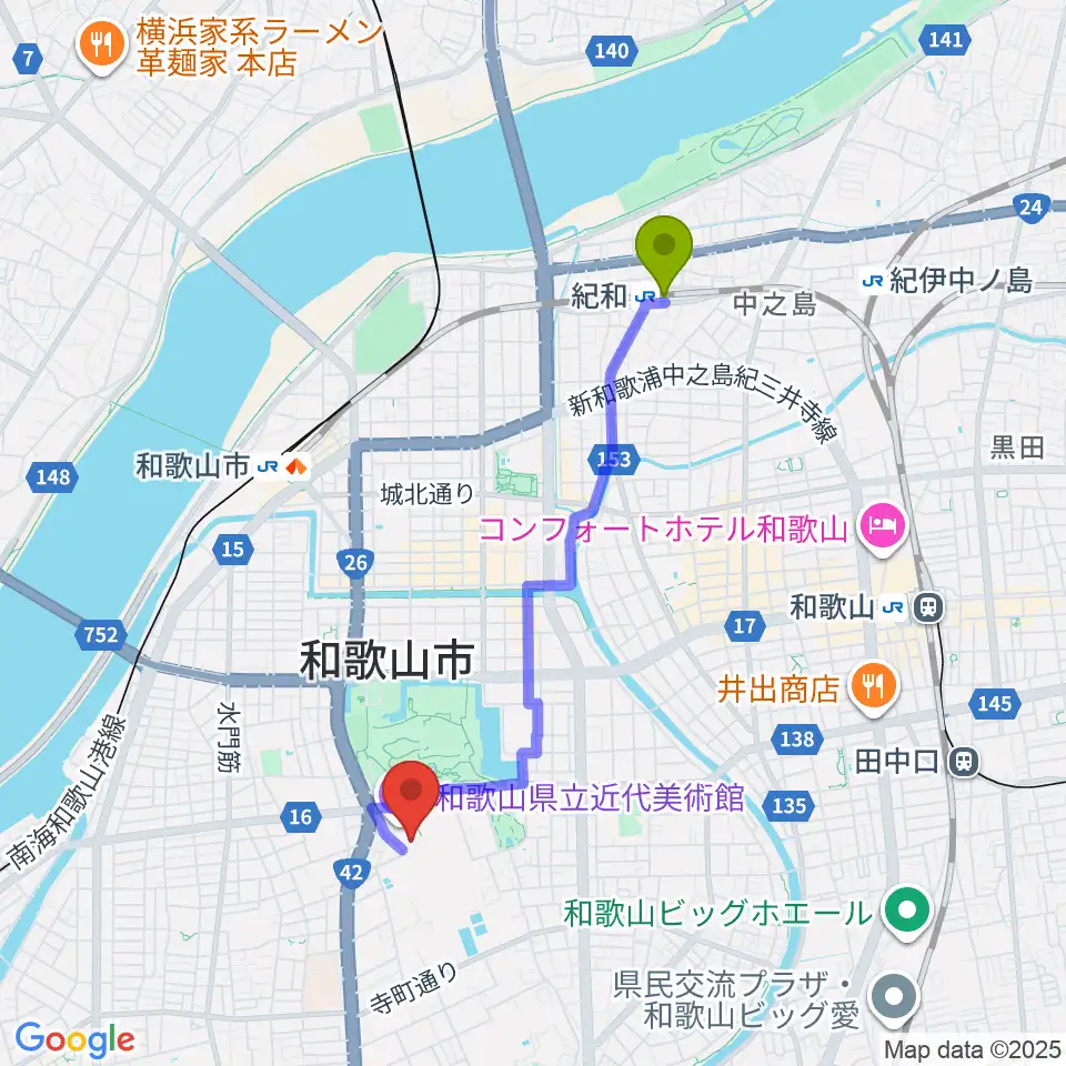 紀和駅から和歌山県立博物館へのルートマップ地図