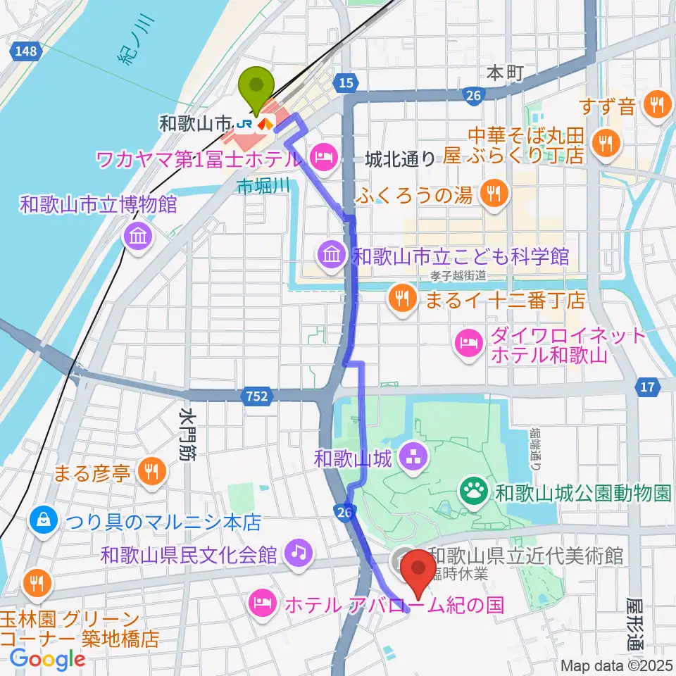 和歌山県立博物館の最寄駅和歌山市駅からの徒歩ルート（約24分）地図