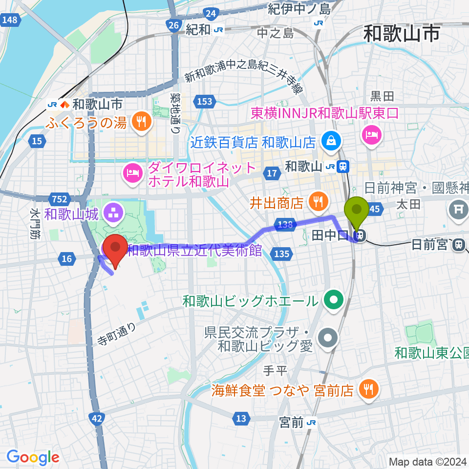 田中口駅から和歌山県立博物館へのルートマップ地図