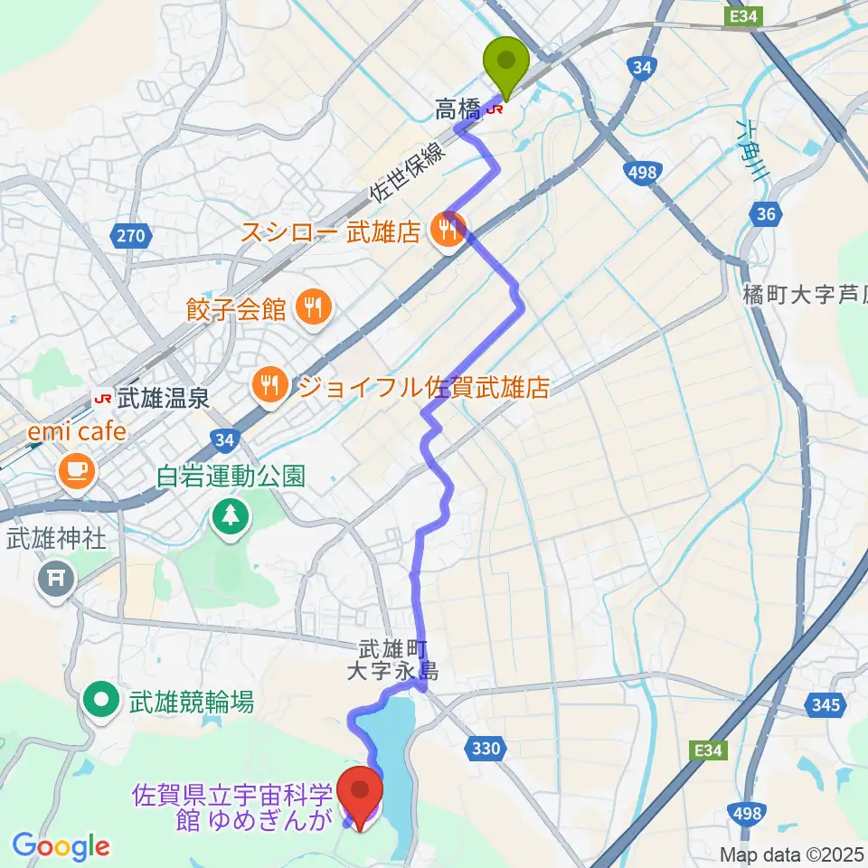 高橋駅から佐賀県立宇宙科学館ゆめぎんがへのルートマップ地図