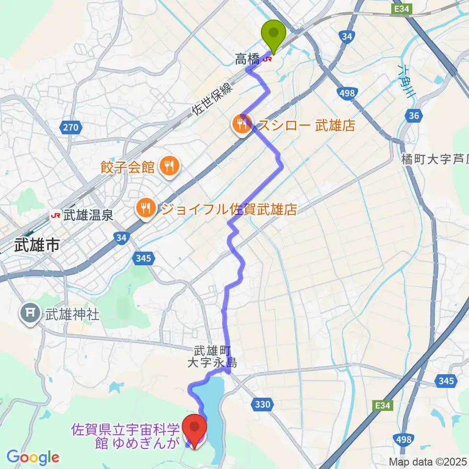 高橋駅から佐賀県立宇宙科学館ゆめぎんがへのルートマップ地図