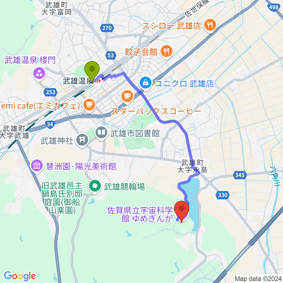 佐賀県立宇宙科学館ゆめぎんがの最寄駅武雄温泉駅からの徒歩ルート（約37分）地図