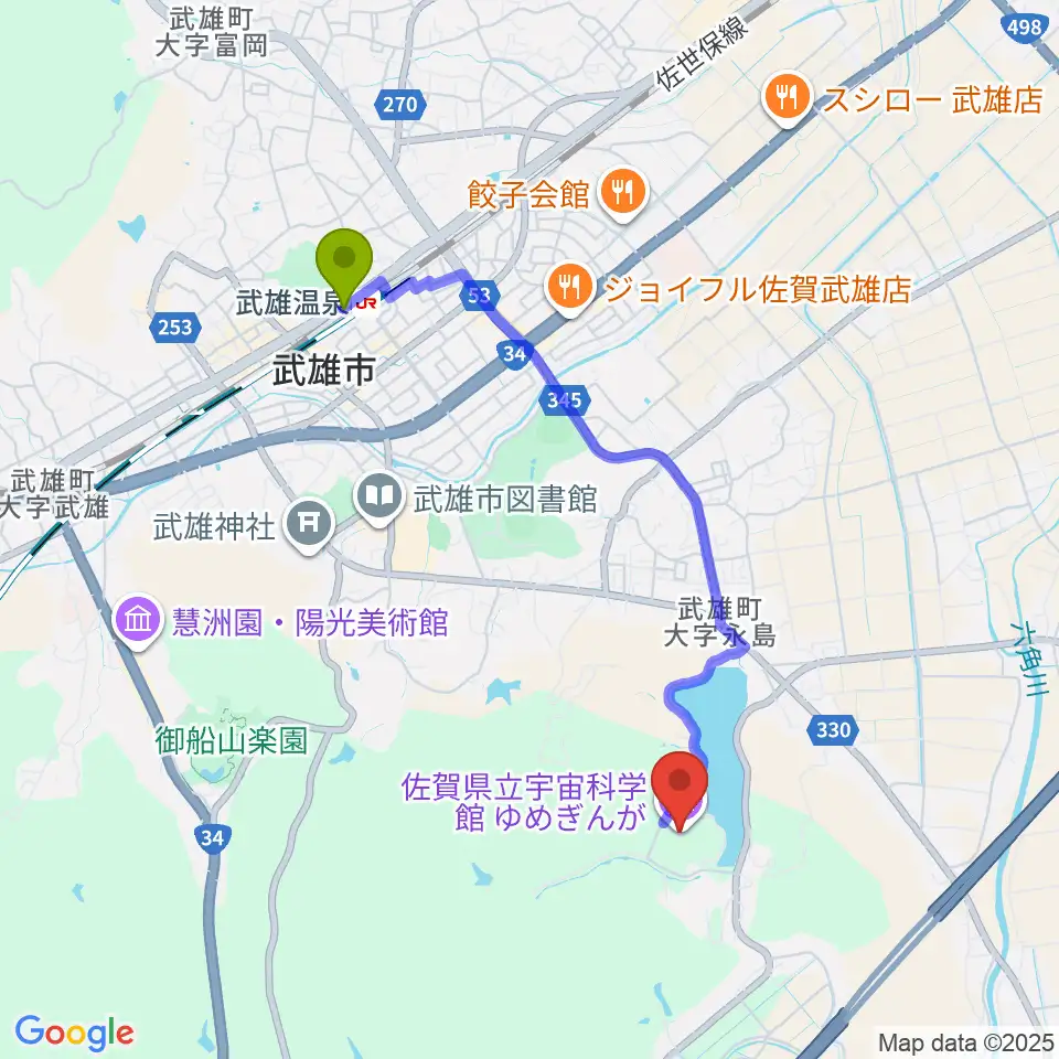 佐賀県立宇宙科学館ゆめぎんがの最寄駅武雄温泉駅からの徒歩ルート（約37分）地図