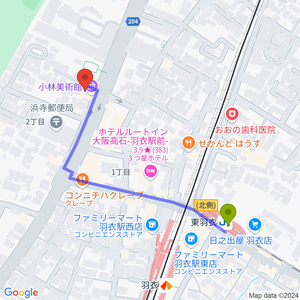 小林美術館の最寄駅東羽衣駅からの徒歩ルート（約5分）地図