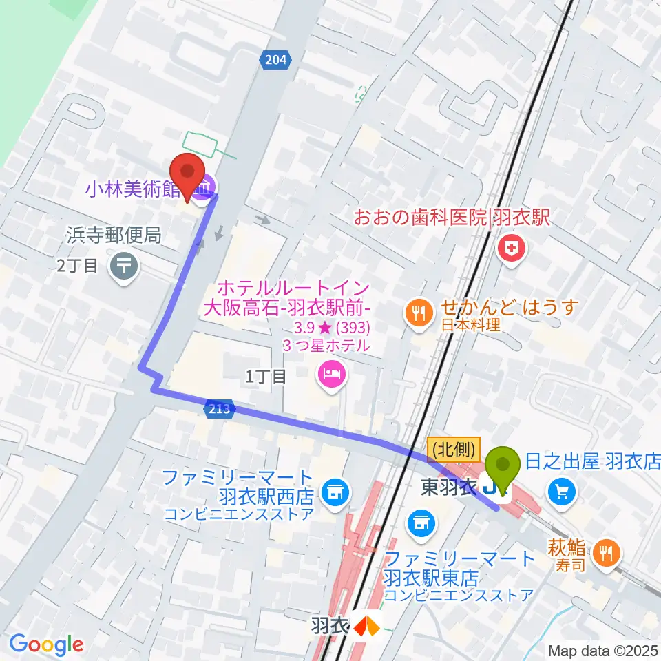 小林美術館の最寄駅東羽衣駅からの徒歩ルート（約5分）地図