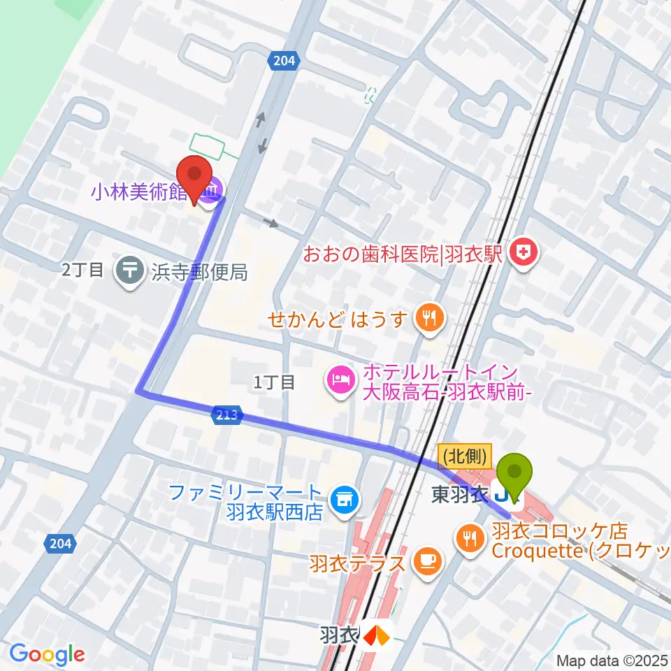 小林美術館の最寄駅東羽衣駅からの徒歩ルート（約5分）地図