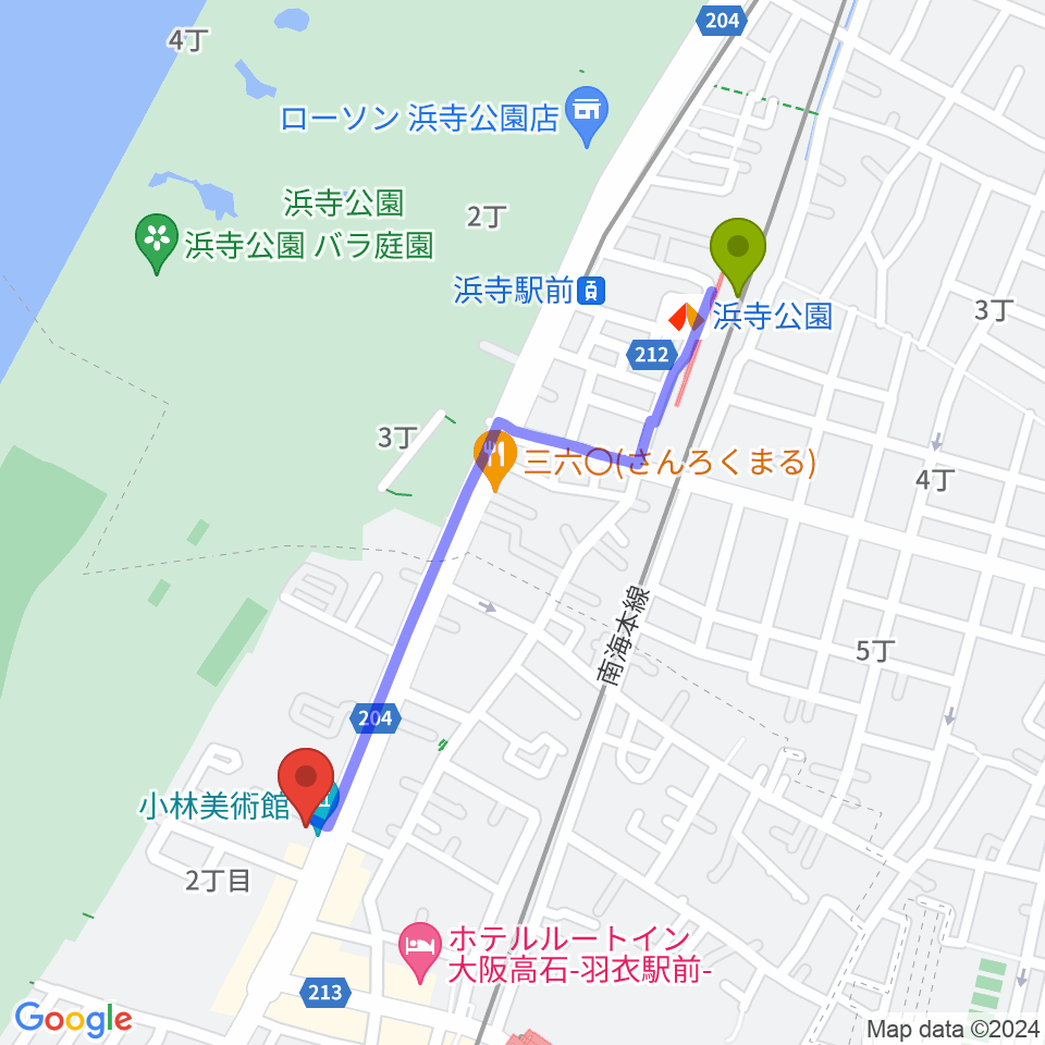 浜寺公園駅から小林美術館へのルートマップ地図