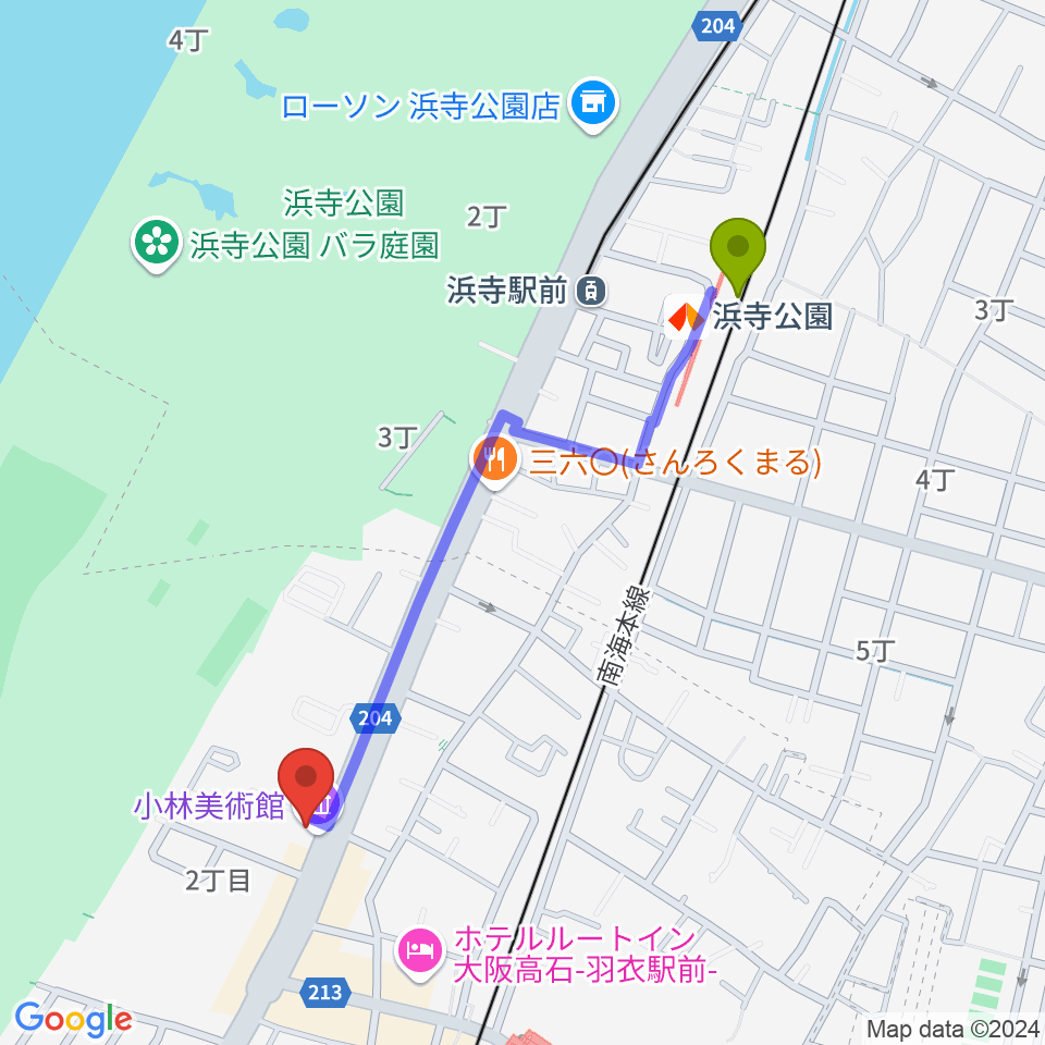 浜寺公園駅から小林美術館へのルートマップ地図