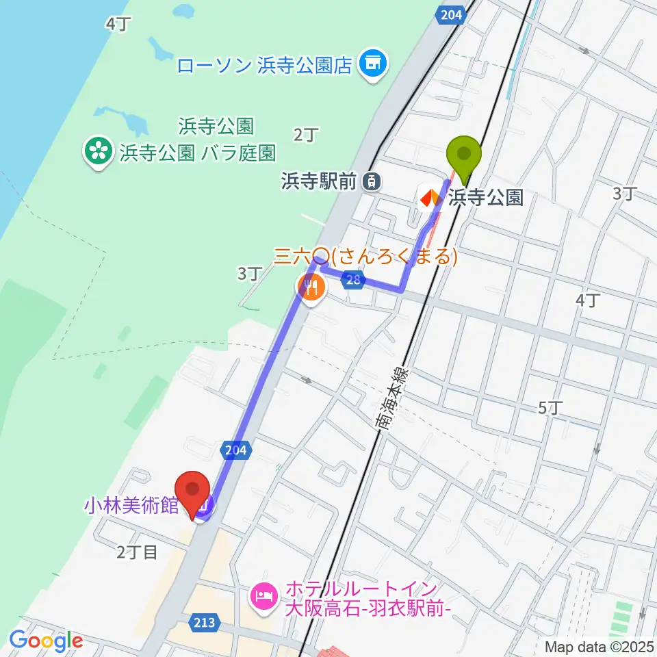 浜寺公園駅から小林美術館へのルートマップ地図