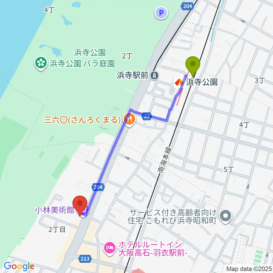 浜寺公園駅から小林美術館へのルートマップ地図