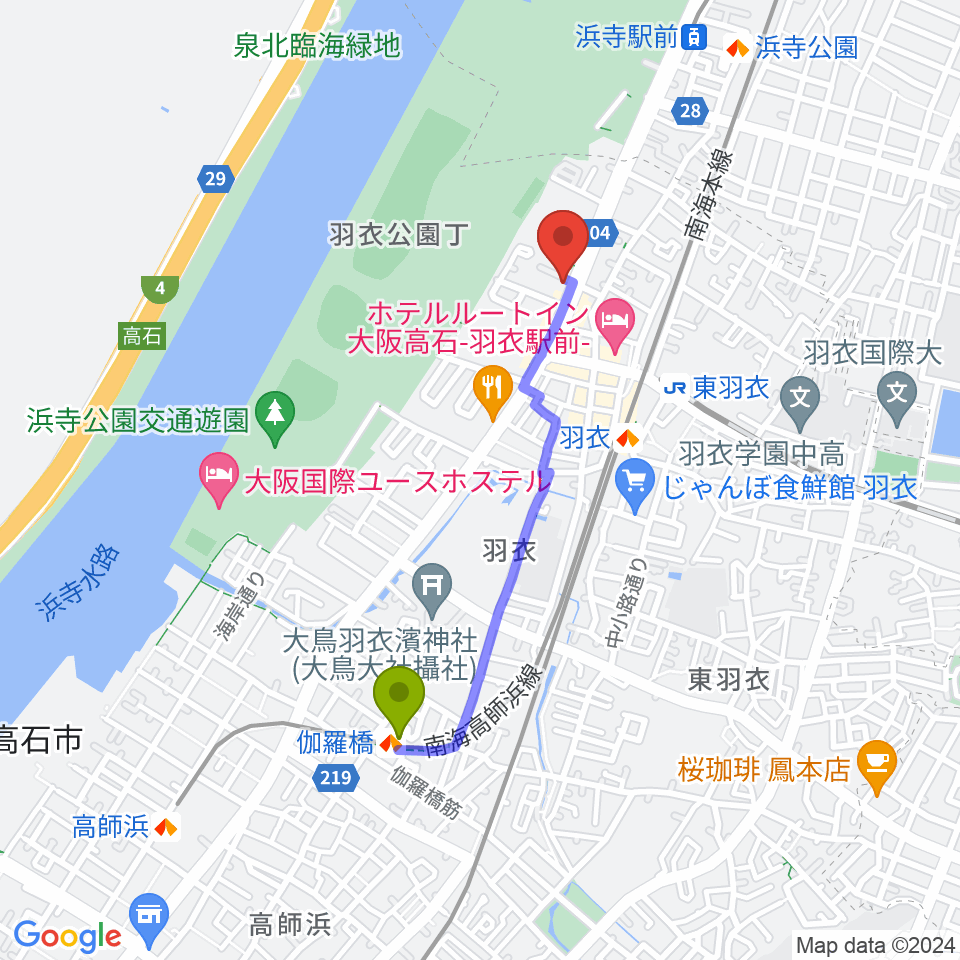 伽羅橋駅から小林美術館へのルートマップ地図